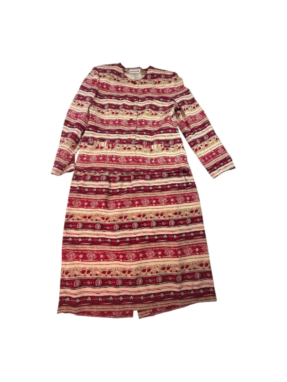 Vintage Style Joan Leslie Red Cream Patterned Midi Dress Size 12 Long Sleeve Cot